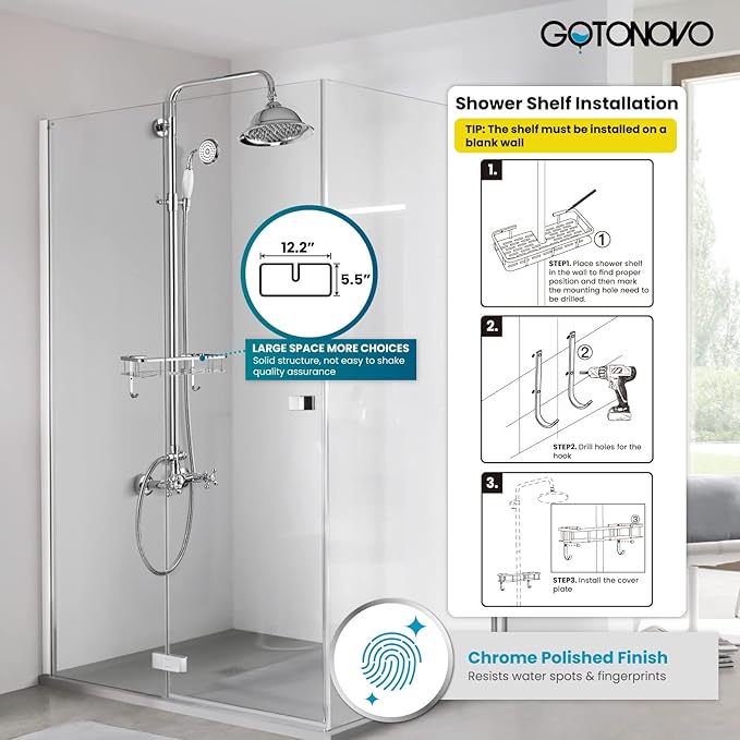 gotonovo Polish Chrome 8 inch Rainfall Shower Head With Adjustable Ceramics Handheld Sprayer Dual Functions Exposed Shower Faucet with Shower Shelf Wall Mounted Double Cross Handles