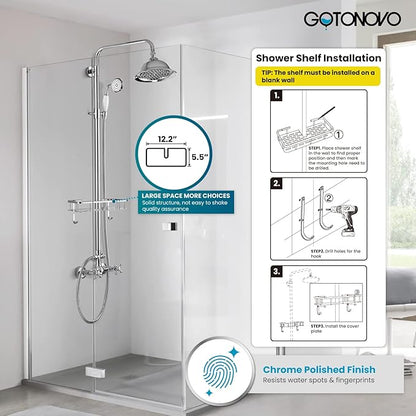 gotonovo Polish Chrome 8 inch Rainfall Shower Head With Adjustable Ceramics Handheld Sprayer Dual Functions Exposed Shower Faucet with Shower Shelf Wall Mounted Double Cross Handles