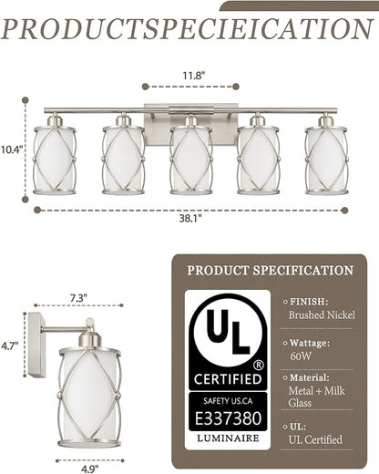 5-Light Brushed Gold Bathroom Light Fixtures Over Mirror, 42" UL-Listed Modern Wall Sconce Lights with Frosted Milk White Glass and Metal Cage for Bath, Hardwire E26, CH9176BNW-5W
