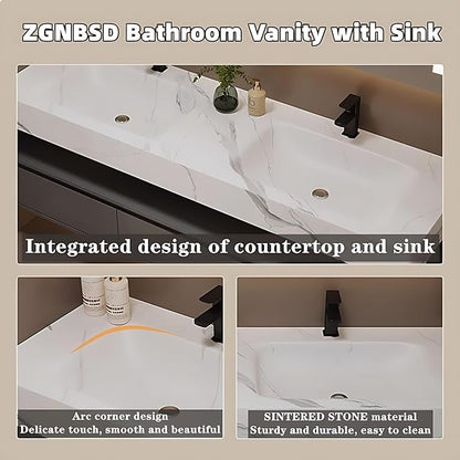 Bathroom Vanity with Sink - Single/Double Sink Bathroom Vanity Cabinet & LED Smart Defogger Mirror Cabinet Set, Modern Floating Vanity, Wall-Mounted Installation (Single Sink, 40")
