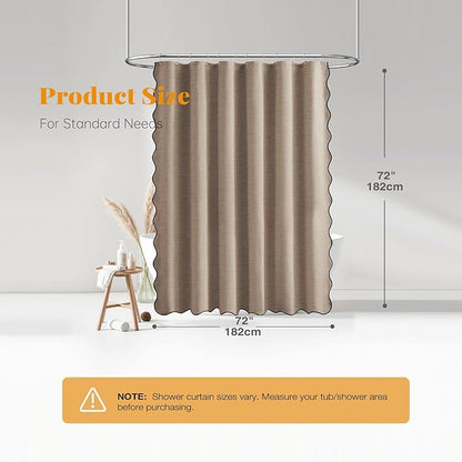 BTTN Tan Scalloped Shower Curtain, Boho Linen Textured Heavy Duty Fabric Shower Curtain Set with 12 Plastic Hooks, Vintage Modern Waterproof Washable Cloth Shower Curtains for Bathroom, 72x72, Taupe