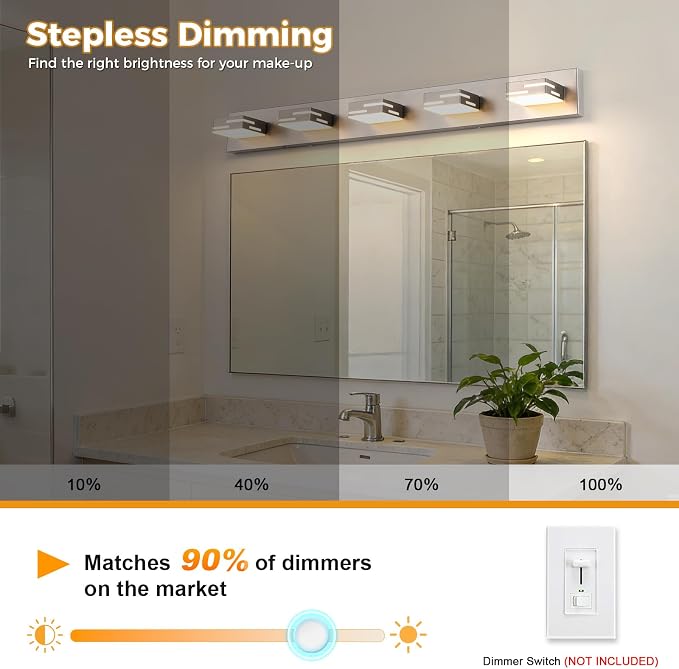 5-Light 5CCT Modern Bathroom Vanity Light Fixtures, 40-Inch 350° Rotatable LED Vanity Lights Over Mirror, Dimmable Brushed Nickel Wall Sconce with Frosted Acrylic Shade