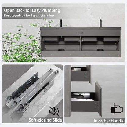 60 Inch Floating Bathroom Vanity with Double Sink, Modern Grey Wall Mounted Floating Vanity with Scratch-Resistant Quartz Sand Basin and 4 Soft Closing Drawers, Pre Assembled Bathroom Vanity
