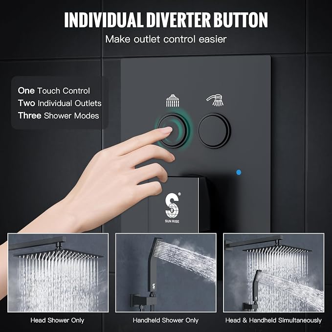 SR SUN RISE Shower System with Push Button Diverter, Wall Mounting Luxury 10 Inch Rain Shower Head with Handheld Spray, High Pressure Shower Faucet Combo Set with Rough-in Valve, Matte Black
