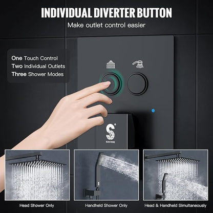 SR SUN RISE Shower System with Push Button Diverter, Wall Mounting Luxury 10 Inch Rain Shower Head with Handheld Spray, High Pressure Shower Faucet Combo Set with Rough-in Valve, Matte Black