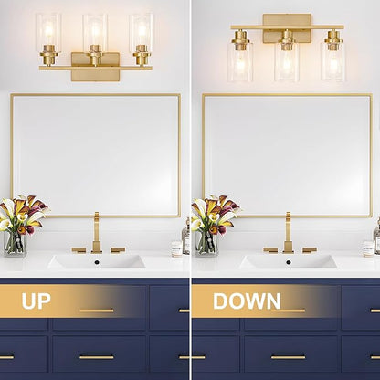 3 Light Bathroom Light Fixtures Brushed Brass Vanity Light Over Mirror Modern Farmhouse Wall Lighting Sconces Wall Lamp for Bathroom, Bedroom, Living Room E26 Socket with Glass Shade