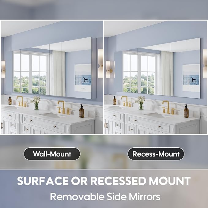 96" x 36" Bathroom Medicine Cabinet with Mirror, Anodized Chrome Aluminum Frame, Surface Mount or Recessed Medicine Cabinet with Mirror, Bathroom Mirror with Storage, Five Doors