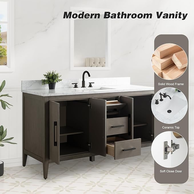 60 Inch Bathroom Vanity with Sink & Ceramic Top, Single Vanity Cabinet with Basin, Soft-Closing Doors & Matte Black Hardware, Driftwood Gray
