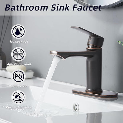 BELZ Oil Rubbed Bronze Bathroom Faucet, Modern Single Handle One Hole Bath Vanity Sink Faucet with Pop Up Drain and Deck Plate for 1 or 3 Holes