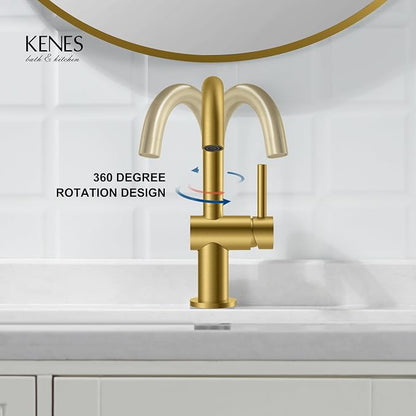 Brushed Gold Single Handle Bathroom Faucet, Single Hole Vanity Faucet | Bathroom Sink Faucet with Pop Up Drain & 6 Inch Deck Plate, Lead-Free cUPC & NSF Certified, 1 Handle Faucet for Vanity RV Bar
