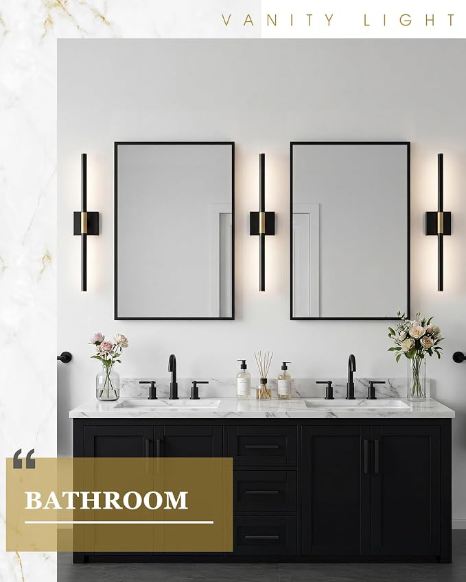 24 Inch Bathroom Light Fixtures, 16W 3CCT Dimmable CRI90 Black and Gold LED Vanity Lighting Fixtures Over Mirror, 360° Rotatable Modern Bathroom Vanity Light Bar, AD-W9465-L60-BK