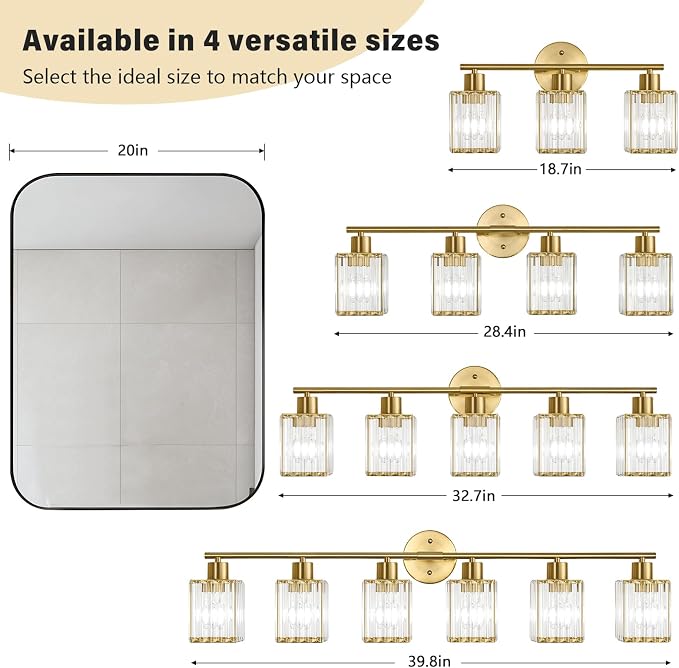 4 Light Bathroom Light Fixtures, Modern Crystal Vanity Lights over Mirror | Metal Frame, Bathroom Light with Square Crystal Shade, ETL Certified, E26 Ceramic Socket, Bulbs Not Included
