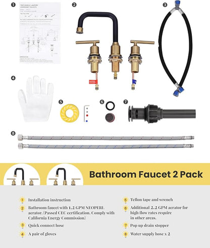 WOWOW Black Gold Bathroom Faucet 3 Hole, Widespread Vanity Sink Faucets | Copper Inlet Faucet for Bathroom Sink with Swivel Spout, 2 Handles Lavatory Tap with Drain and cUPC Supply Line (Set of 2)