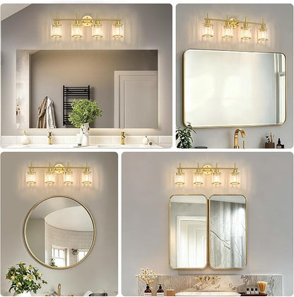 Brushed Gold Bathroom Light Fixtures, Round, 3-Light | Vanity Lights with Crystal Shades, Modern Bathroom Lighting Fixtures over Mirror (Bulbs Not Included, E26)