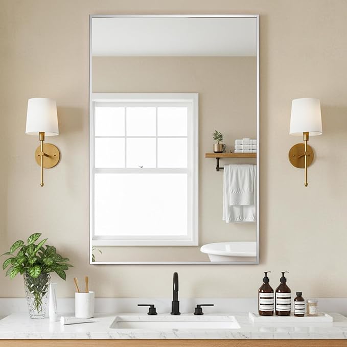 FICTOR Bathroom Vanity Mirror for Over Sink, 24" x 36", Silver | Anti-Rust Frame, Shatterproof Tempered Glass, Vertical/Horizontal Wall Mounted Mirror for Bedroom, Entryway, Living Room