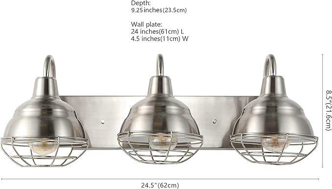 JONATHAN Y 24.5" Nickel 3-Light Industrial Farmhouse Vanity Light for Bathroom Mirror, Rustic Metal Wall Sconce Fixture, Iron Caged Shade, LED Bulbs Included (JYL1120B)