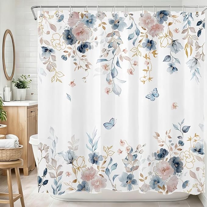 Pink Floral Shower Curtain for Bathroom, Pink and Blue Flower Butterfly Country Nature Fabric Bathroom Curtain Set with Hooks, 72 x 72 Inch