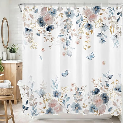Pink Floral Shower Curtain for Bathroom, Pink and Blue Flower Butterfly Country Nature Fabric Bathroom Curtain Set with Hooks, 72 x 72 Inch