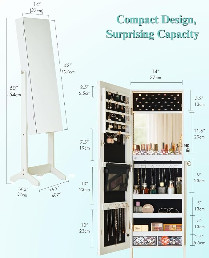 LUXFURNI Full‑Length Standing Jewelry Armoire Cabinet with Storage Mirror | Built‑in LED Makeup Mirror, 3 Tilt Angles, 48H Runtime with 6AA Batteries, Acrylic Lipstick Tray, Engineered Wood for Bedroom