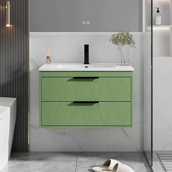 eclife 30" Bathroom Vanities Cabinet with Sink Combo, Wall Mounted Floating Cabinet W/Decor Line, Soft-Close System, 2 Extra Big Drawers, Matte Black Faucet, Matcha Green