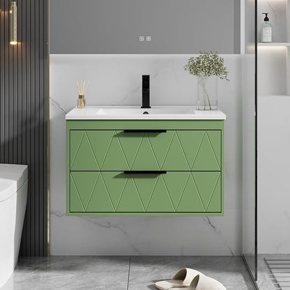 eclife 30" Bathroom Vanities Cabinet with Sink Combo, Wall Mounted Floating Cabinet W/Decor Line, Soft-Close System, 2 Extra Big Drawers, Matte Black Faucet, Matcha Green