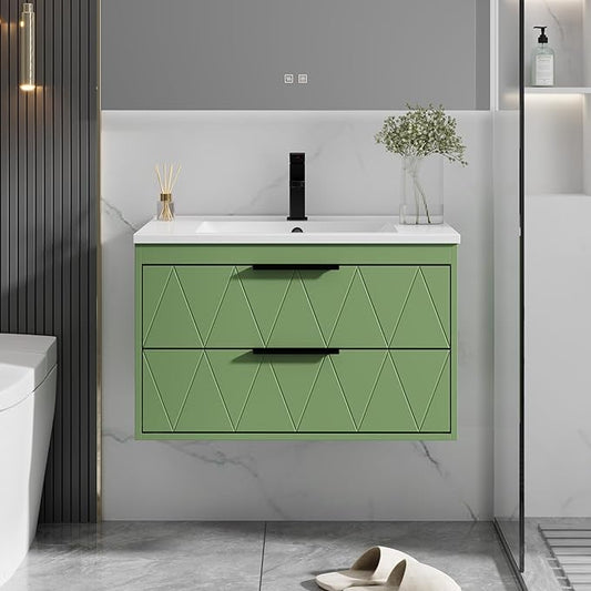 eclife 30" Bathroom Vanities Cabinet with Sink Combo, Wall Mounted Floating Cabinet W/Decor Line, Soft-Close System, 2 Extra Big Drawers, Matte Black Faucet, Matcha Green