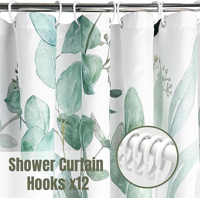 Green Eucalyptus Shower Curtain, Watercolor Floral Pattern with Plant Leaves, Waterproof Polyester Fabric ShowerCurtains Sets with Hooks for Bathroom 72x72 Inches