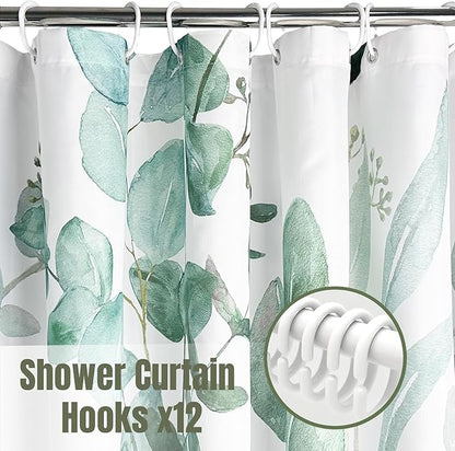 Green Eucalyptus Shower Curtain, Watercolor Floral Pattern with Plant Leaves, Waterproof Polyester Fabric ShowerCurtains Sets with Hooks for Bathroom 72x72 Inches