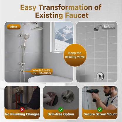 BRIGHT SHOWERS Rain Shower Heads System - 9 Inch Rainfall Shower Head and Handheld Shower Head with Height Adjustable Holder, Solid Brass Rail and 60" Long Stainless Steel Shower Hose, Brushed Nickel