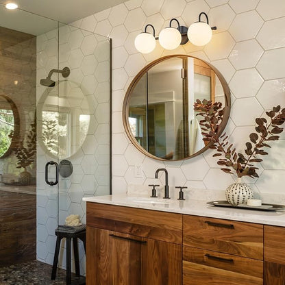 Milk Glass Vanity Light, 22.6" Modern Bathroom Light Fixtures Mid-Century Globe Vanity Light 3-Light Glass Wall Sconce Black | Mid-Century Globe Vanity Light 3-Light Bathroom Vanity Light, Up/Down Mounting Design, Glass Wall Sconce for Bathroom Hallway