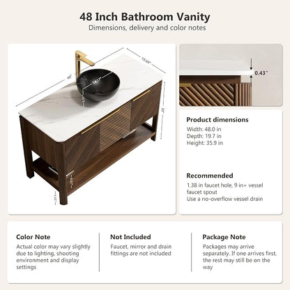 Yayzy 48 Inch Bathroom Vanity with Sink, Freestanding Dark Walnut Bathroom Cabinet, Black Marble Pattern Vessel Sink, Carrara White Sintered Stone Countertop, Soft Close Doors, Open Storage Shelf