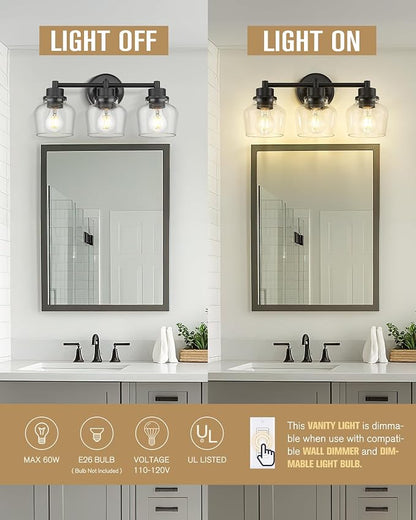 Emak 3-Light Bathroom Vanity Lights Over Mirror, Modern Bathroom Light Fixtures with Clear Glass Shade, Black Vanity Light for Bath, Makeup Desk, Mirror, VL122-BK-CG-3