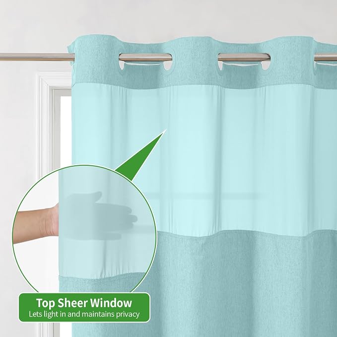 eachope No Hook Linen Texture Shower Curtain with Snap-in Liner,71x74 Teal | 230GSM Thick Fabric,Hotel Luxury Decor,Mesh Top Window,Magnetic Weighted Hem,Waterproof & Machine Washable,for Bathroom