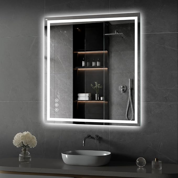 Koonmi 36x32 LED Bathroom Mirror with Light, Anti-Fog, 3 Colors | Backlit + Front Lit, Dimmable Brightness, Shatterproof HD Distortion-Free Tempered Glass, Hardware Included