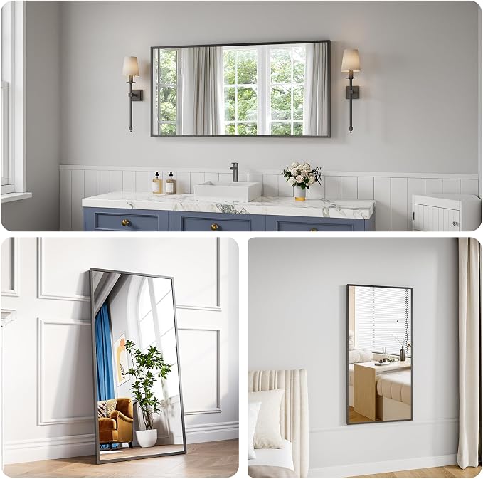 Koonmi Bathroom Mirror for Wall, 24"x48" Black Bathroom Mirror for Over Sink, Shatterproof Tempered Glass Vanity Mirror with Anti-Rust Aluminum Alloy Frame, Hang Horizontally or Vertically