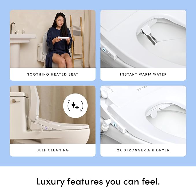 TUSHY Aura Luxury Electric Bidet Seat | Heated Toilet Seat with Temperature Control, Self-Cleaning Nozzle, Instant Adjustable Warm Water & Dryer (Remote Control & Auto Open, Soft Close Lid), Elongated