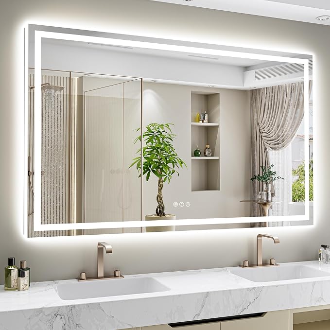 66x48 LED Bathroom Mirror with Lights, Lighted Vanity Mirror | Backlit and Front Light, Anti-Fog, 3 Color Dimmable, Memory, Tempered Glass, IP54 Waterproof, UL Listed