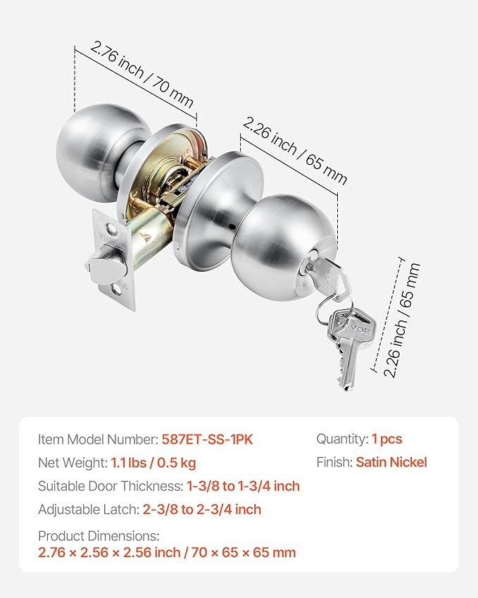 VEVOR Keyed Entry Door Knob, Satin Nickel Door Knob with Round Ball, Keyed Exterior & Thumb Turn Lock Interior, All Metal Doorknobs Hardware with Lock and Keys, Modern Design for Bedroom & Bathroom