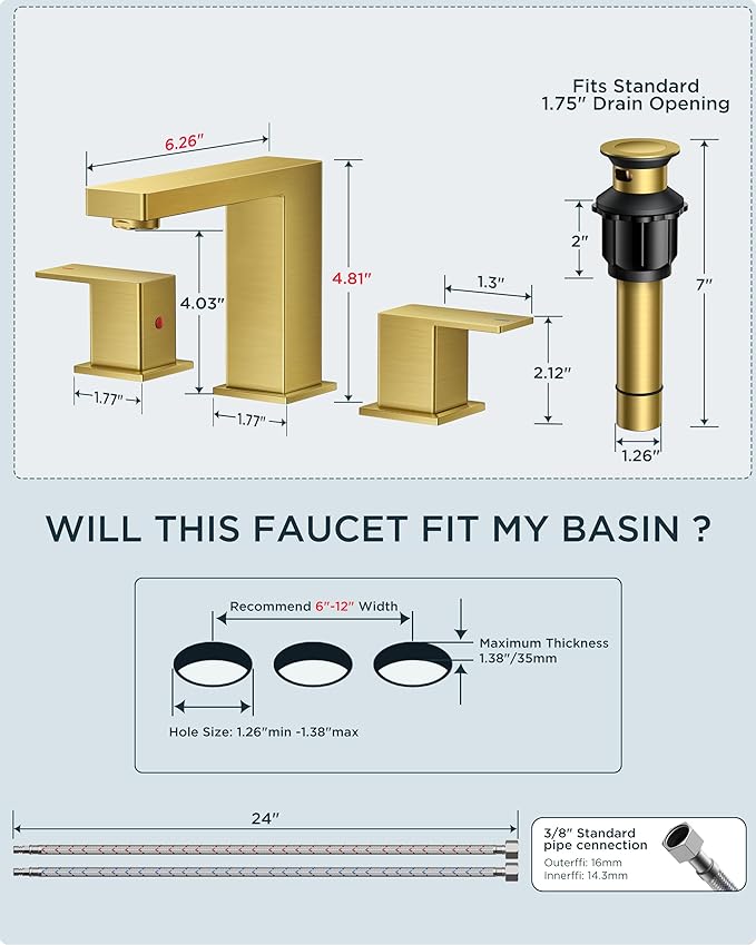 QFN Lead-Free Gold Bathroom Faucet 3 Hole, Square Bathroom Sink Faucet 8 Inch Widespread, 2 Handle for 6"-12" Vanity Sink with Metal Pop Up Drain and 24" cUPC Supply Hoses