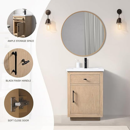 24 Inch Bathroom Vanity with Single Sink & Ceramic Top, MDF Material Vanity Cabinet with Basin Combo, Soft-Closing Doors, Removable Shelf, Backsplash