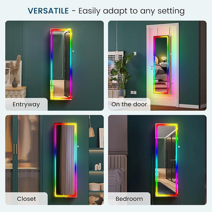 HNEBC Full Length Mirror with Storage, Wall Mounted Jewelry Cabinet with RGB Lights & Remote, Lockable Over Door Jewelry Organizer with Drawer, Foldout Makeup Tray 47.2" Hx14.5 Wx3.9 D, Natural