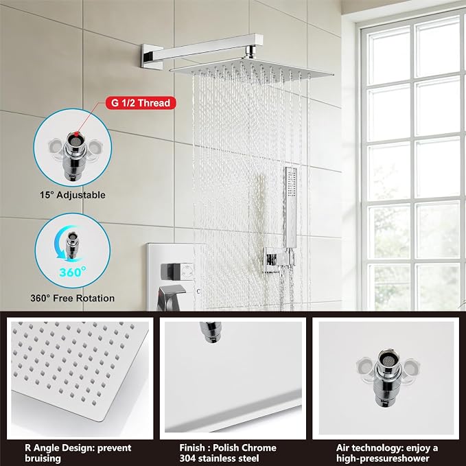 Midanya Shower System with Tub Spout,10 Inch Shower Head,Polish Chrome | with Valve & Trim Kit,Square Rain Head,Handheld Sprayer,Waterfall Spout,All Metal Wall Mount Bathroom Shower Tub Faucet Set
