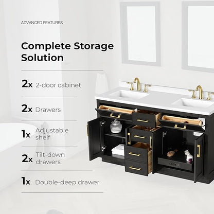 OVE Decors Bailey 60 in. Double Sink Freestanding Matte Black Wood Bathroom Vanity with White Quartz Top, Matching Backsplash and Power Bar