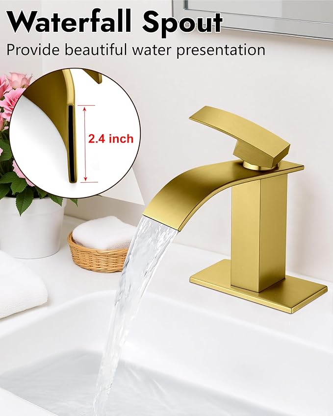 Midanya Waterfall Spout Bathroom Faucet Single Handle 1 Hole Bathroom Sink Faucet,Modern RV Lavatory Vanity Basin Tap with Water Hose,No Drain,Short Body,Brushed Gold