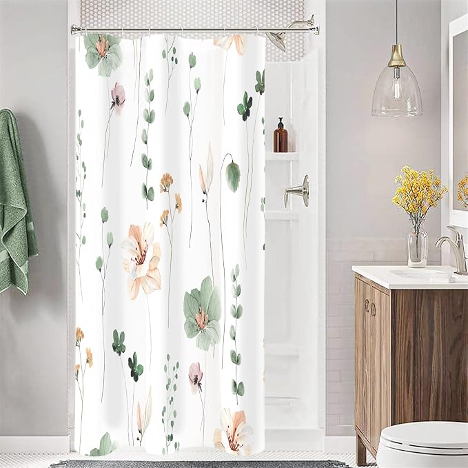 Sage Green Beige Watercolor Floral Fabric Shower Curtain, 60x72 | Waterproof Fabric, Modern Minimalist Floral Print, Machine Washable, Rustproof Grommets, for Bathroom Home, Stall