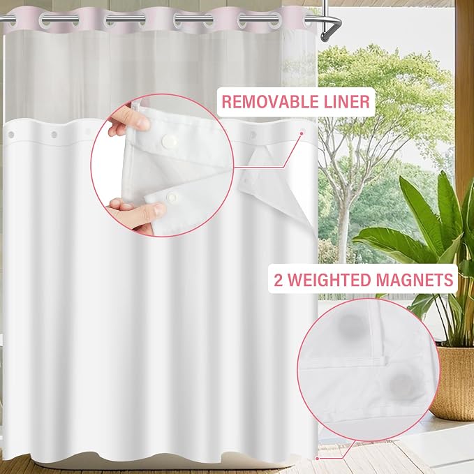 No Hook Shower Curtain with Snap in Liner Set, Pink, 71x74 | Waterproof Fabric for Bathroom, Modern Hotel Style Ombre Design, Mesh Top Window, Machine Washable, Quick Install