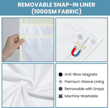 SORTTO No Hook Shower Curtain with Snap in Liner Set Waffle Shower Curtain for Bathroom Hotel Style Fabric Waterproof Inner Liner，71" W x 74" H, Ivory