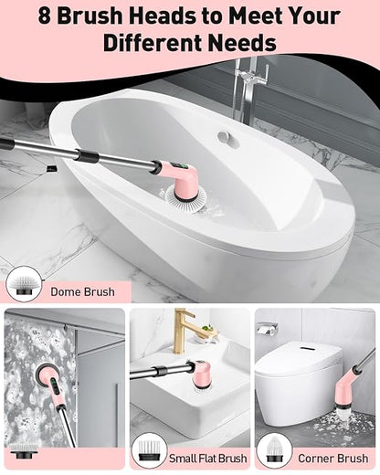Electric Spin Scrubber for Bathroom, Shower Scrubber with Long Handle | Shower Cleaner Brushes, IPX7 Waterproof & 2 Speed, 8 Brush Heads, 90min Runtime, Bathroom Cleaning Supplies for Toilet Tub