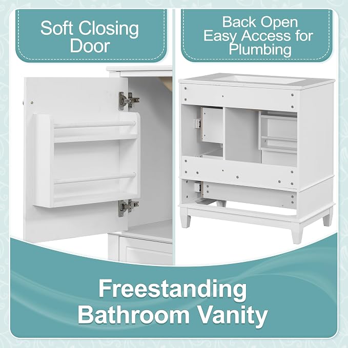 Merax Bathroom Vanity with Ceramic Sink 30 Inch, Cabinet with One Door and Three Drawers, Soft-Closing Door, Solid Wood Legs, White