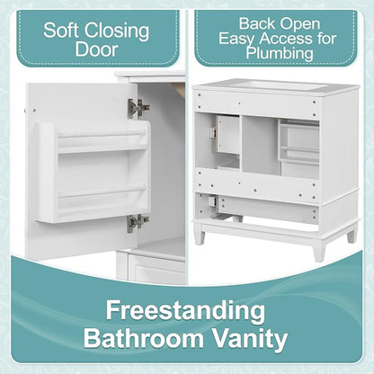 Merax Bathroom Vanity with Ceramic Sink 30 Inch, Cabinet with One Door and Three Drawers, Soft-Closing Door, Solid Wood Legs, White
